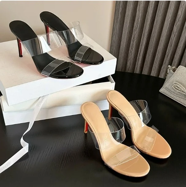 Women's Fine Heel Transparent Strappy Sandals, Outdoor Flats, New Pointy Toe Stilettos with Toe, French Style