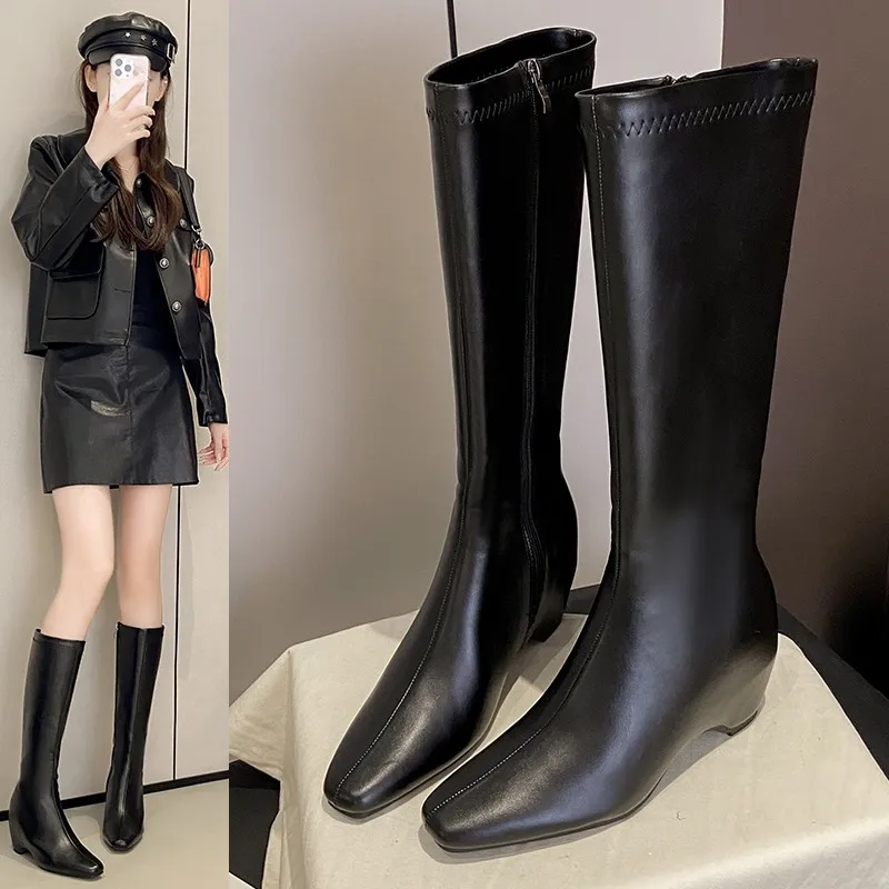 Square-toe High-top Wedge Rider Boots 2026 New Style, Over-the-knee Slim Fit with Added Height, Fleece-lined Leather Boots