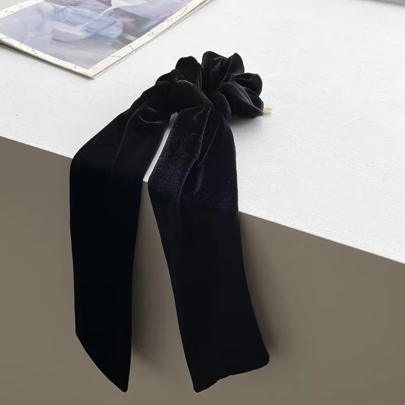 Classic Black Velvet Ribbon Bow Scrunchie Headdress for Women 2024 Autumn Winter Retro Korean Large Hair Ties Hair Accessories