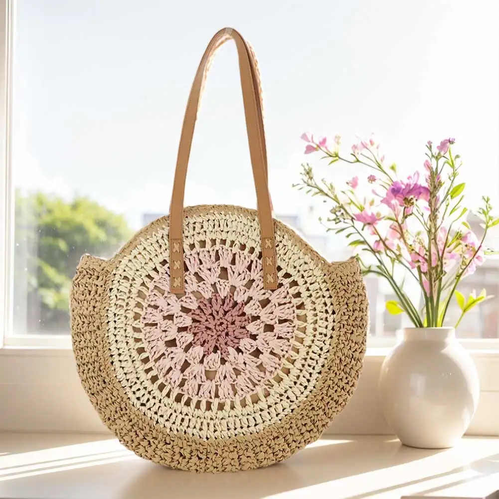 Round Casual Tote Bag with Zipper Closure Vacation Bag Trendy Large Woven Beach Bag Holiday Travel Handbag for Women and Girls