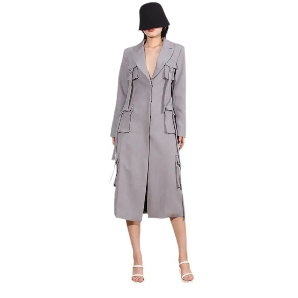 

Women's Temperament Commuter Style Top High-End V Neck Multi-Flap Pocket Pants Suit Jacket Autumn Winter Fashion