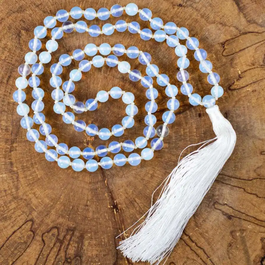 

Natural Opalite 108 Beads Mala Necklace with White Tassel Spiritual Meditation Jewelry