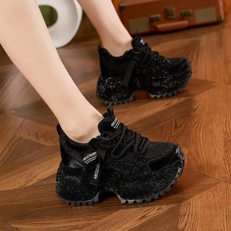 

Leather Thick Bottom Dad Shoes Women's New Style Casual Diamond Insert Heightening Shoes Fashionable All-Match Spring Autumn
