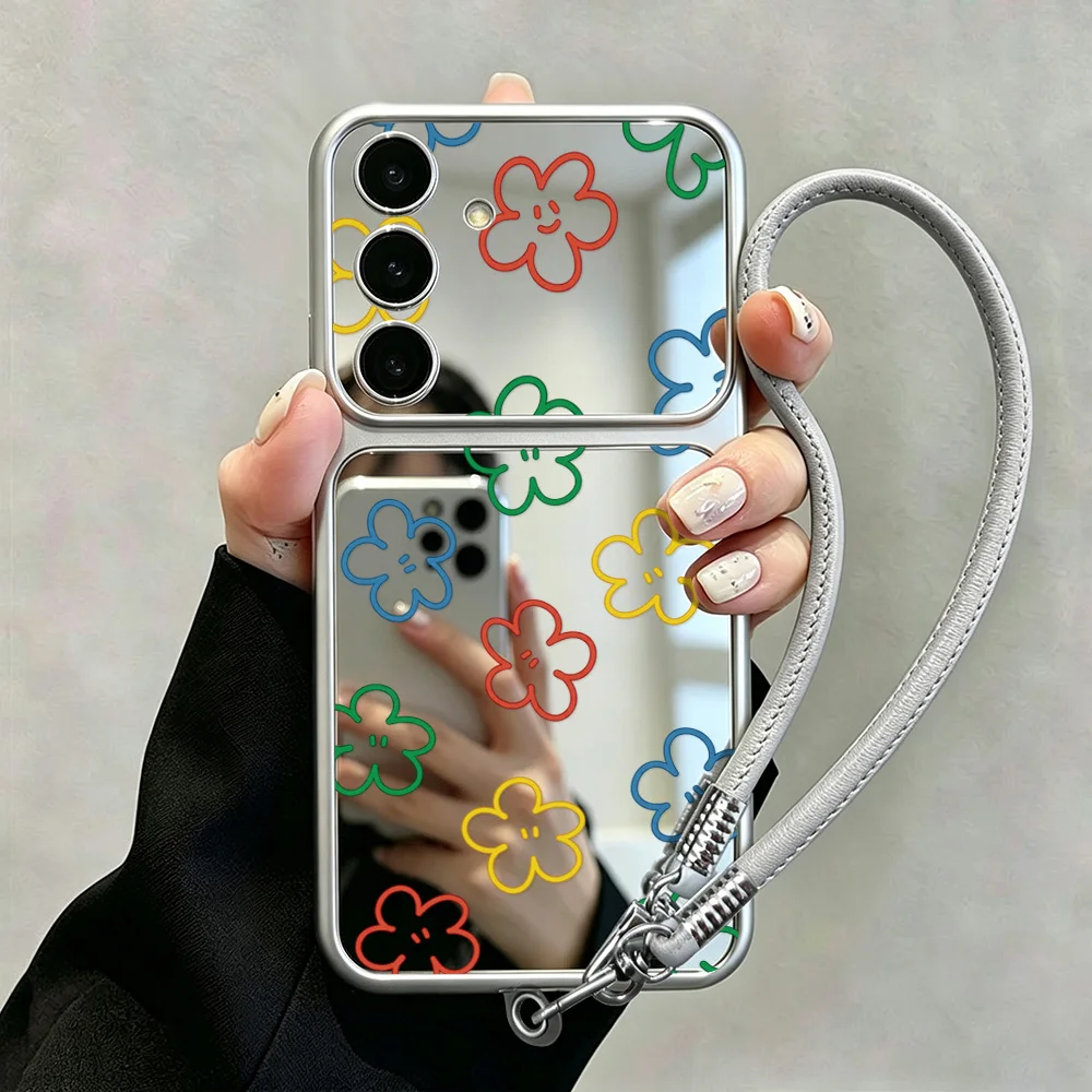 With Phone Lanyard Mirror Case For Samsung S26 Ultra S25 S24 S23 FE A57 A56 A55 A54 A53 A37 A36 A35 A26 A17 A16 A07 A06 Cover