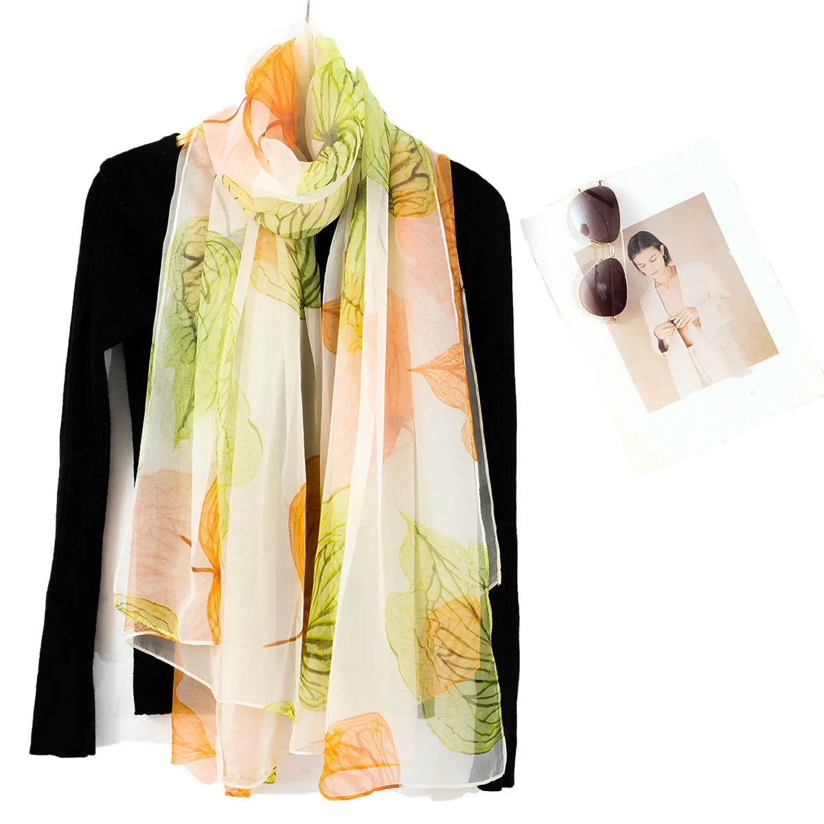 A lightweight fashionable printed floral pattern gauze scarf for women, sun protection beach scarf and shawl