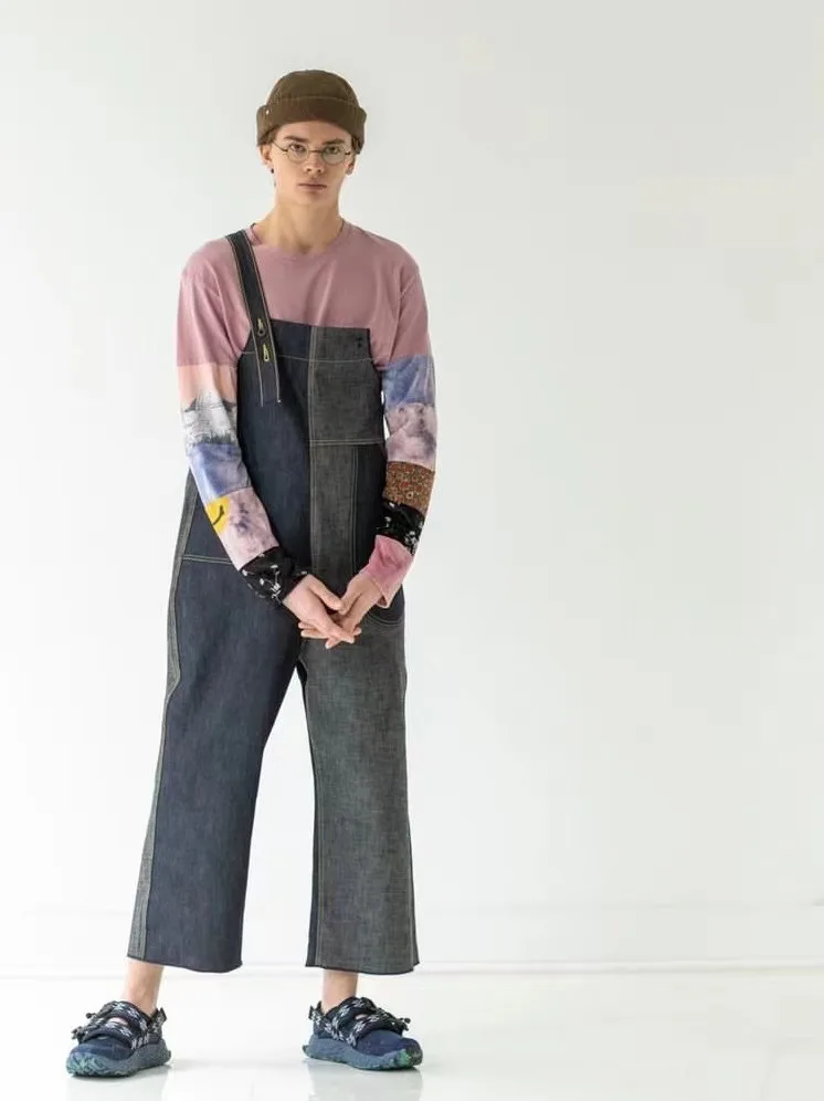 

2024 Kapital vintage retro loose geometric pocket shoulder strap wide leg jeans KZ1029