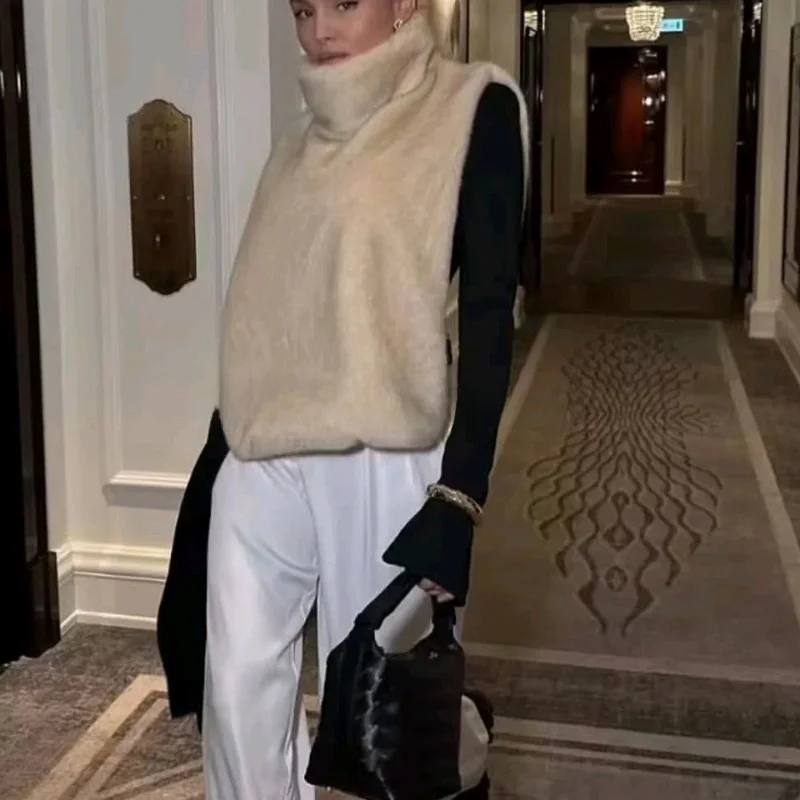 Chaleco envolvente con efecto de piel sintética para mujer, cuello alto, sensación de diseño, informal, holgado, francés, novedad de invierno