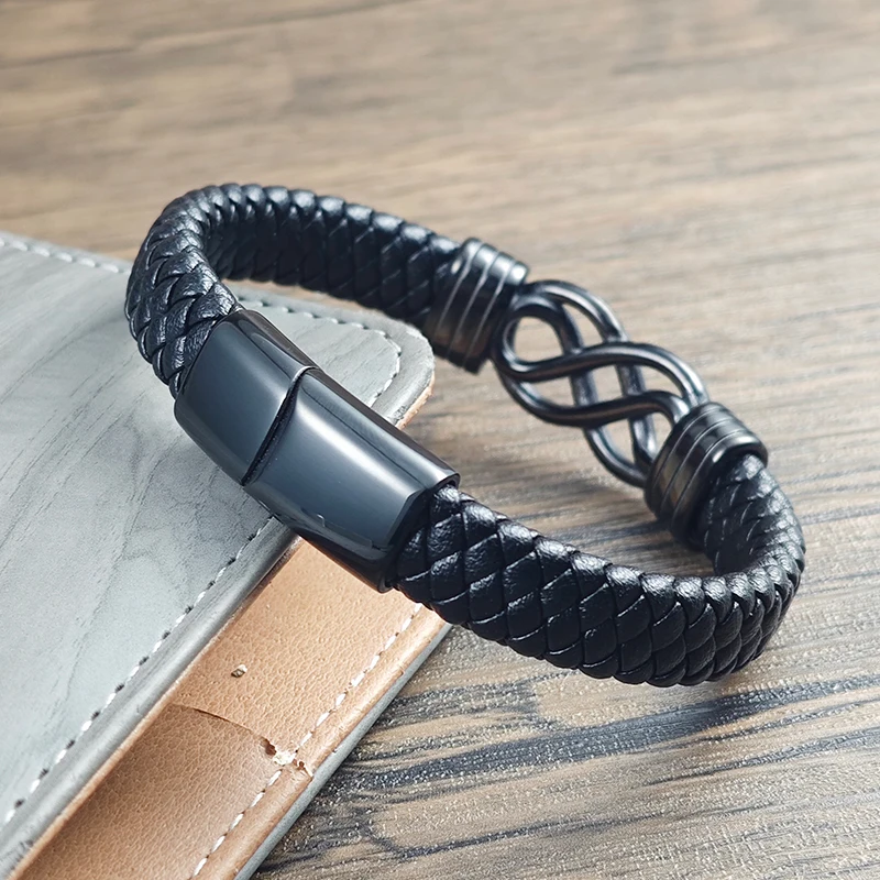 Vintage Punk Herren Schwarzes Geflochtenes Lederarmband Edelstahl Unendlichkeitsknoten Magnetverschluss Retro Schmuck Geschenk für Ihn – Detail 3
