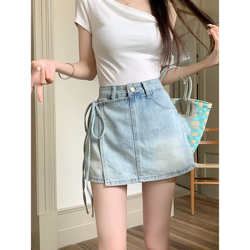 

Women's Drawstring Denim Mini Skirt, High Waisted Wrap Design Jean Skirt, Casual A-Line Summer Streetwear