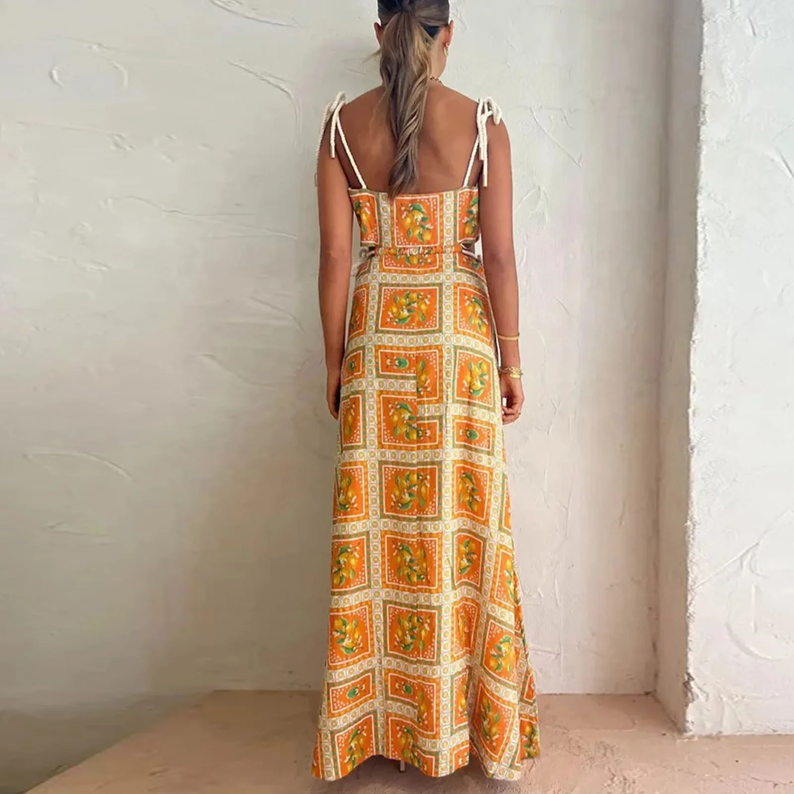 Women Lacing-up Dress Fashion Waist Cut-out Orange Print Square Neck Sleeveless Backless Flowy Cami Long Dresses