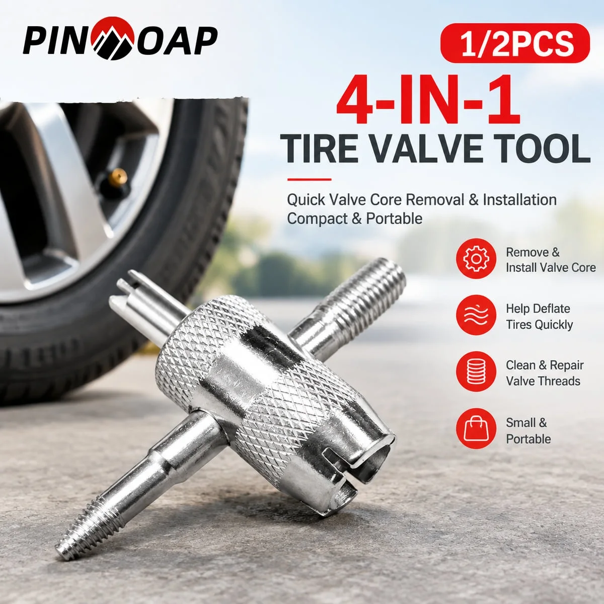 PINMOAP 4-in-1 Tire Valve Core Tool Valve Stem Repair Wrench for Cars E-Bikes and Bicycles Quick Removal and Deflation