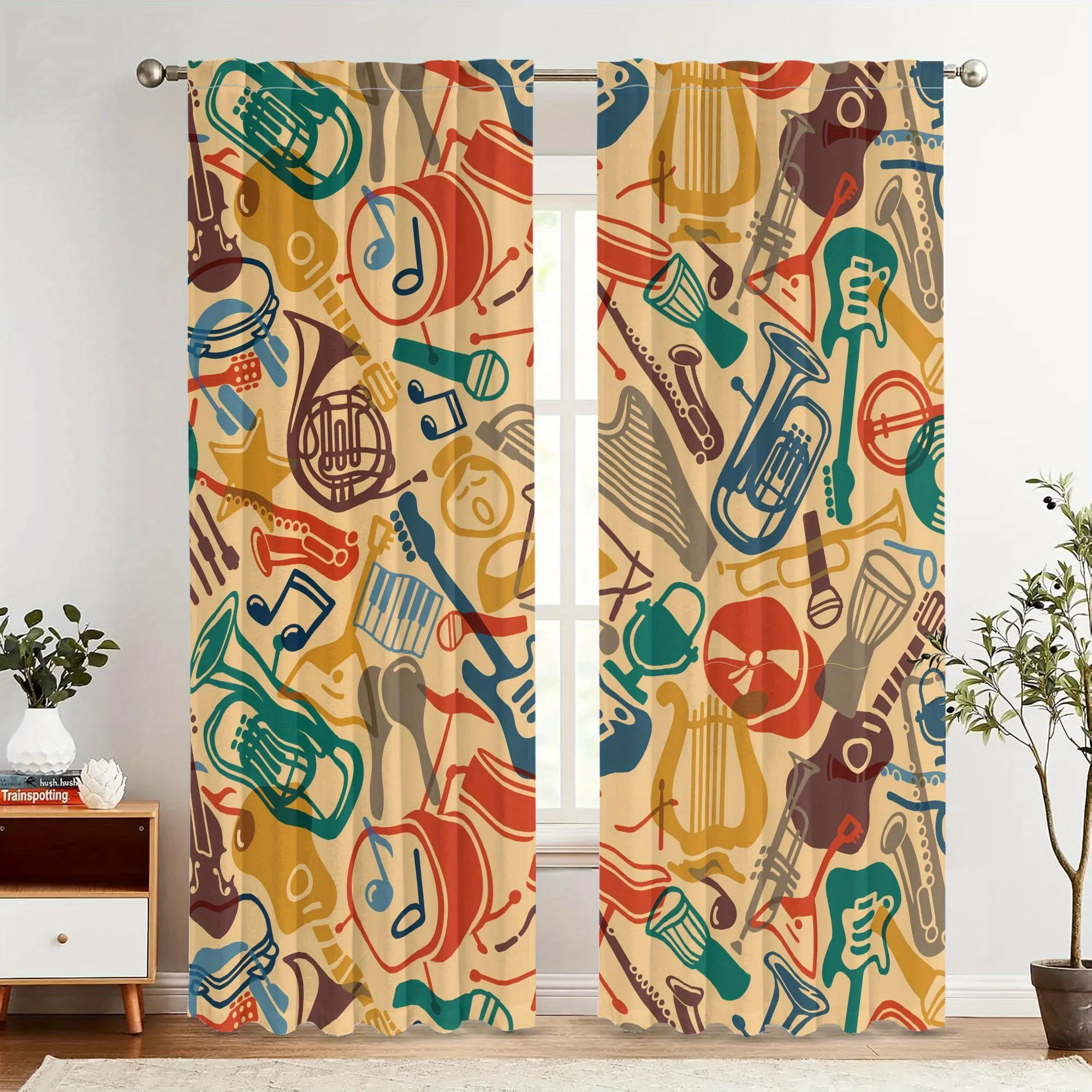 Vibrant Musical Instrument Print Curtain Home Decoration Acoustic Boho Jazz Curtain Panel for Living Room Bedroom Window Treatme