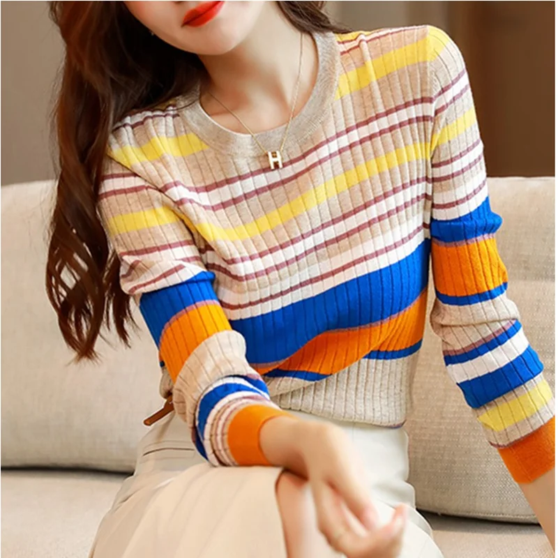 Spring Autumn Chic Casual Long Sleeve Woman Striped Sweater Rainbow Female Cute Harajuku Knitted garment Streetwear