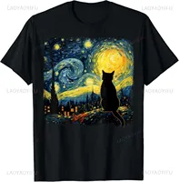 Cat Starry Night Van Gogh Cat for Cat Lover T-Shirt Casual Fashion Streetwear Loose Summer Style Man Tshirt Cute Aesthetics Tees