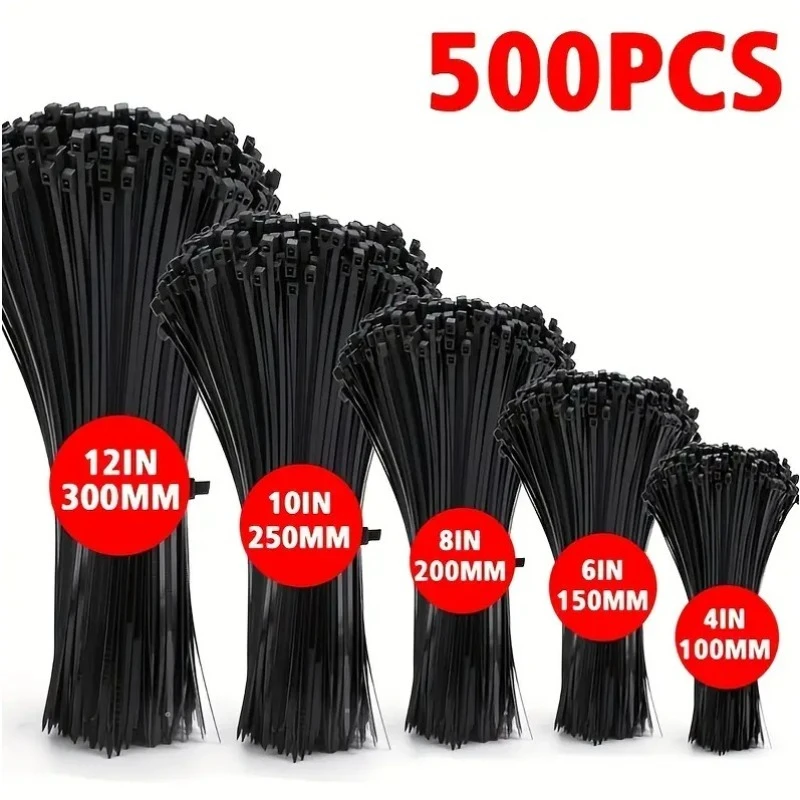 Combination Pack of Black Cable Ties in Various Sizes. Self-locking Straps Are Suitable for Indoor and Outdoor Use.