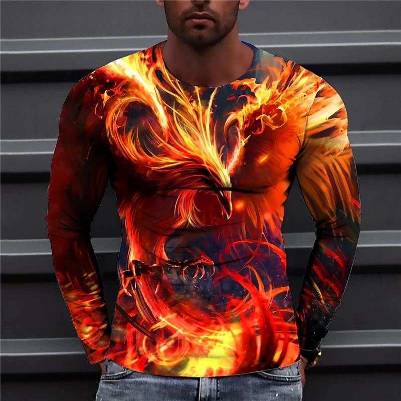 Men\'s Clothing T Shirt 3D Printed Phoenix T Shirt Crew Neck Long Sleeve Designer Interesting Tops Casual Boys Fashion T Shirts