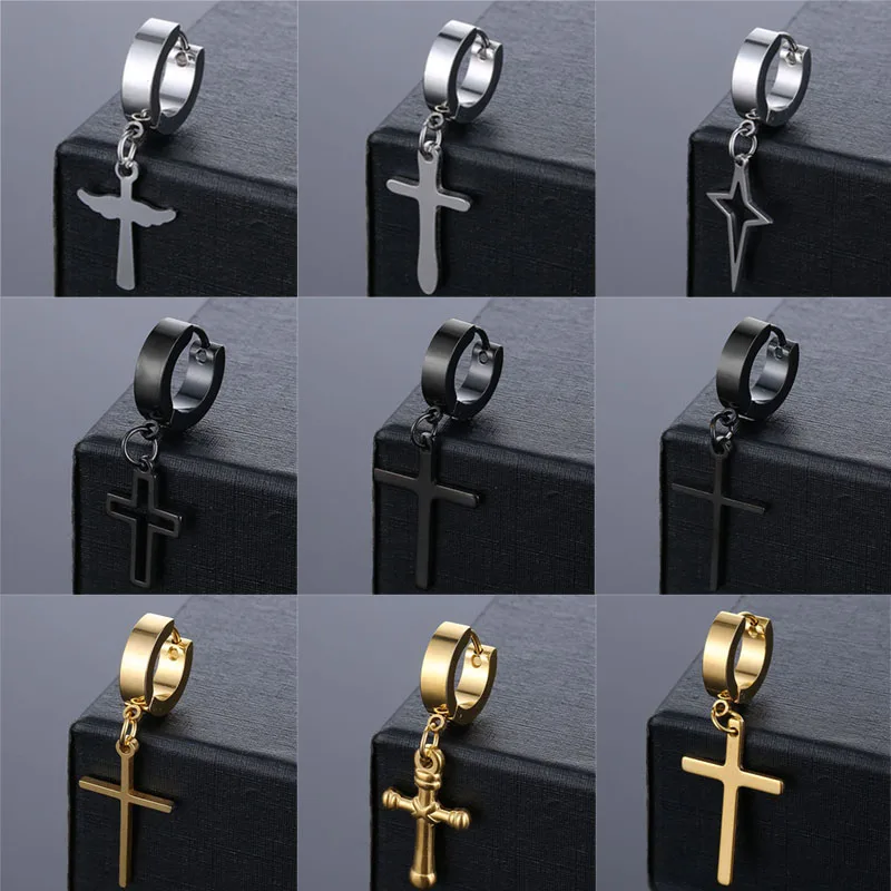 Hip Hop Punk Cross Pendant Earrings Stainless Steel Classic Fashion Geometric Stud Ear Jewelry Party Gifts For Women Men