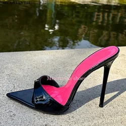 Patchwork Stiletto Heel Slippers Linamong Newest Pointed Open Toe One Strap Thin Heel Slip-on Sandals Sexy Big Size Dress Heels