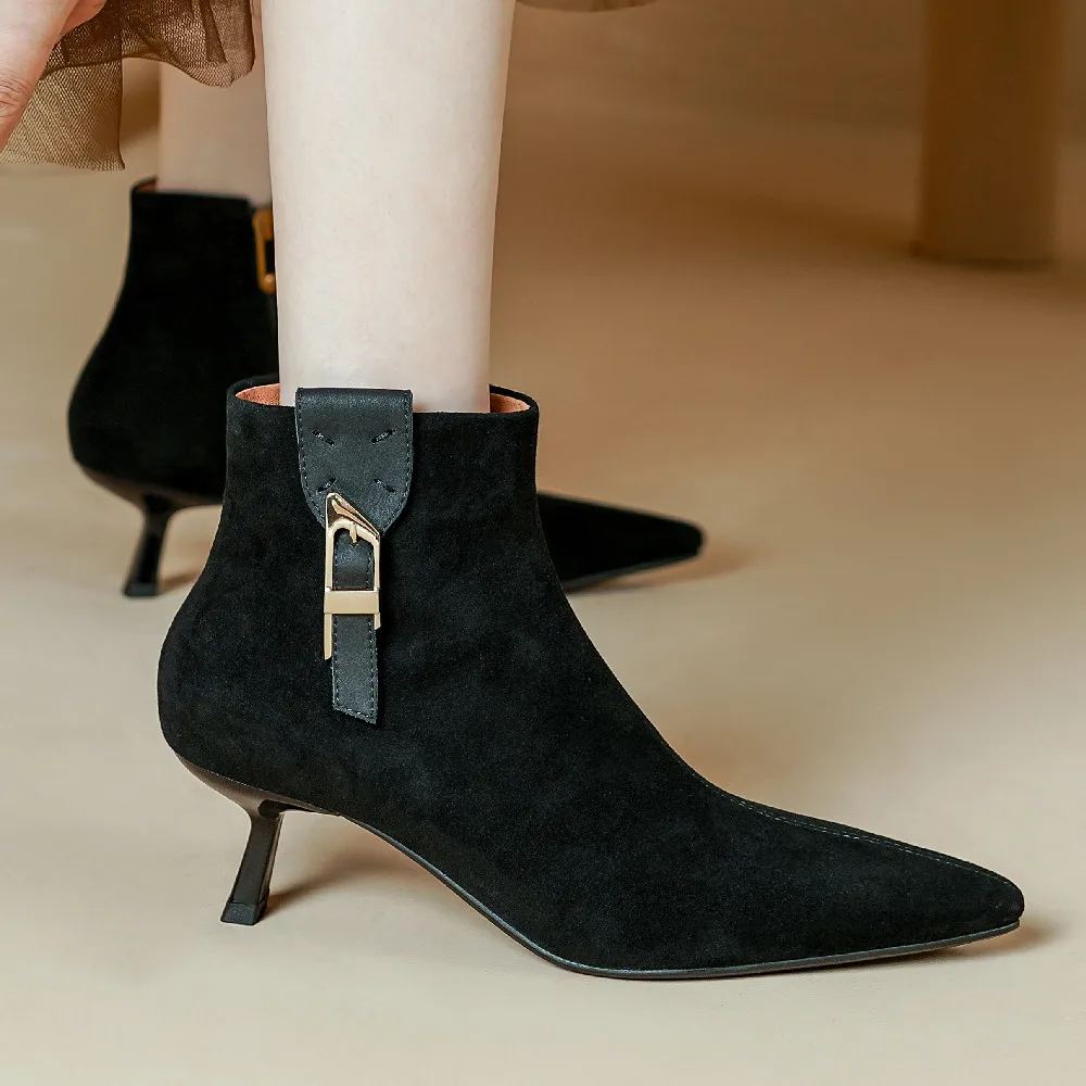 

Elegant ladies thin high heel autumn ankle boots pointed toe side zip metal buckle female short booties free shipping 2023 shoes
