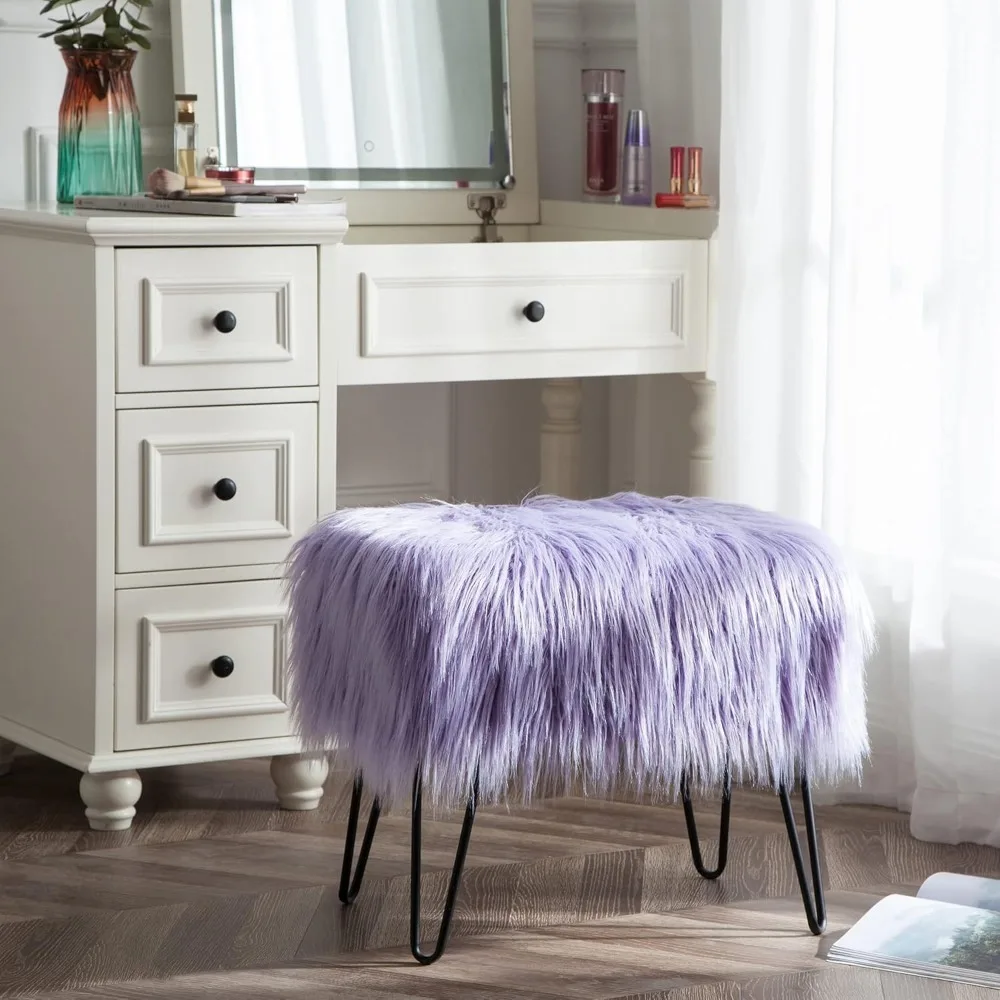 

Purple Mongolian Faux Fur Ottoman, Lavender, 19'' x 13'' x 17'', Cozy Plush Fluffy Ottoman Foot Rest Stool