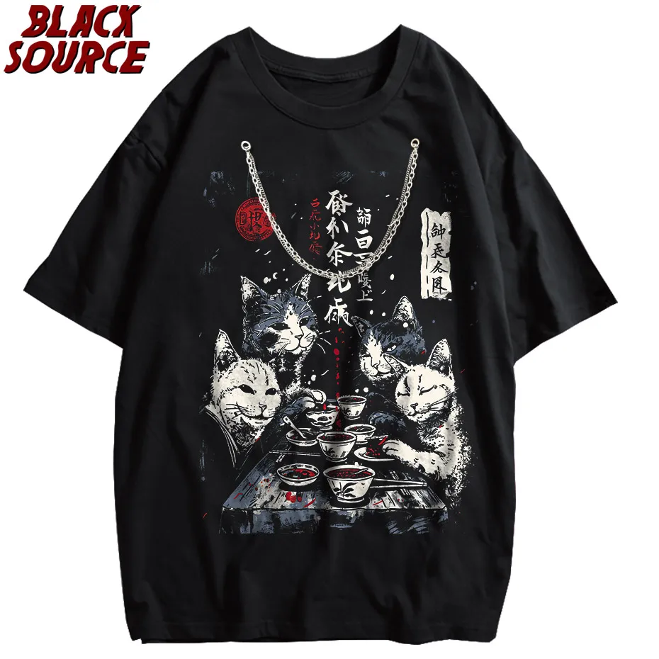 T497 Bai Men's Catman Red Moon Cat Graphic Hoodie, Japanese Streetwear Pullover Sweatshirt, Oversized Casual Urban Fashion