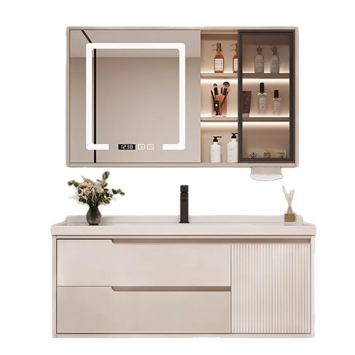 

Cream Wind Oak Household Bathroom Cabinet Ceramic Integrated Basin Toilet Washbasin Smart Mirror Cabinet