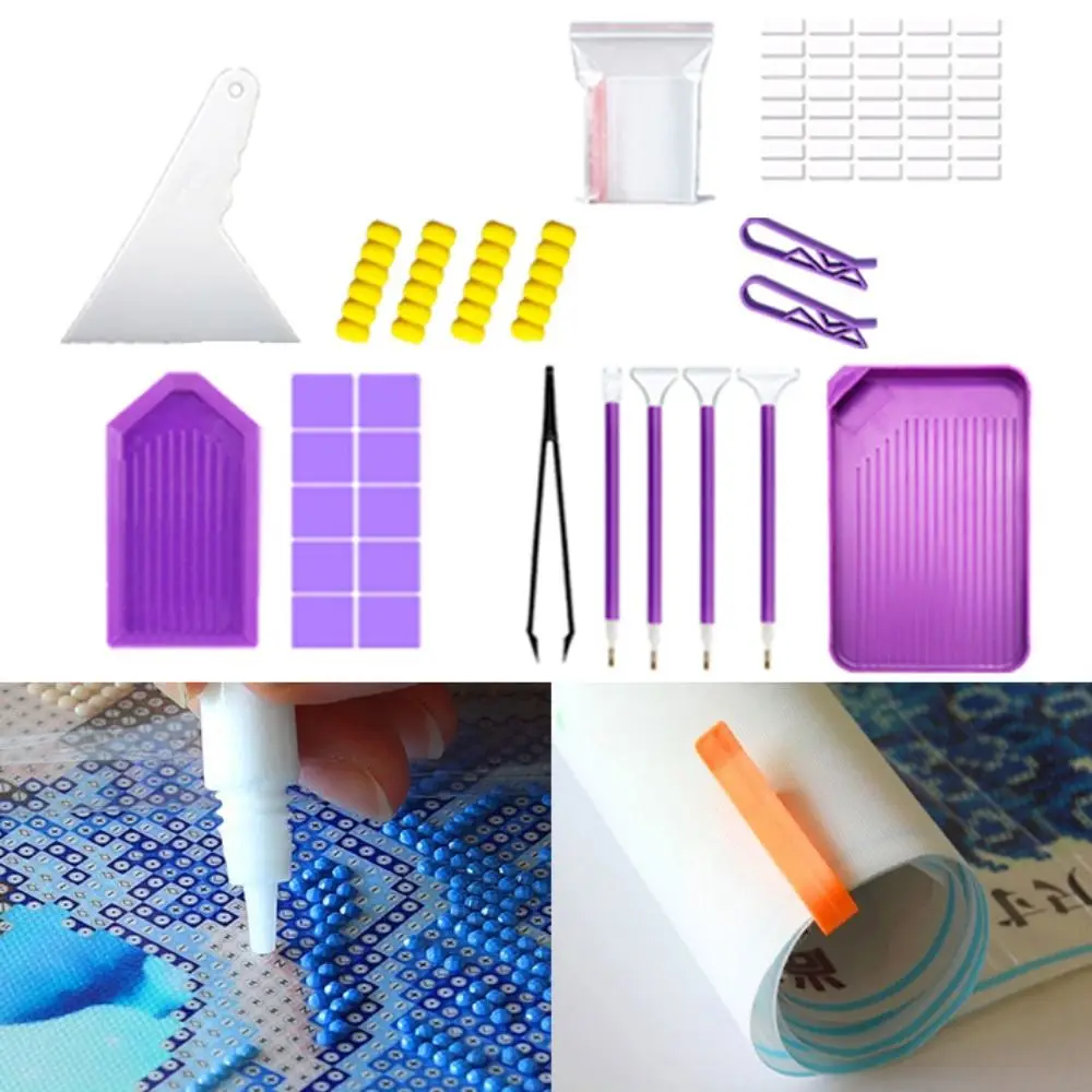 

5D DIY Diamond Painting Tools Set Craft Art Tool Diamond Embroidery Tray Kits Purple with 28Grid Storage Box Mosaic Glue Pen Kit