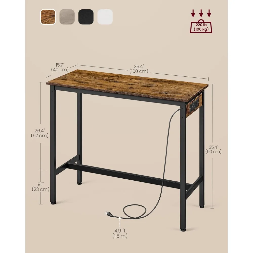 Bar Table, Narrow Long Kitchen Dining Table with Charging Station, Sturdy Metal Frame, Industrial, 15.7 x 39.4 x 35.4 Inches, R