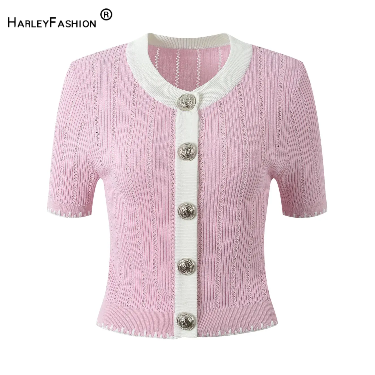 

Lady Summer 2024 Newest Casual Designed O-neckline Short6 Sleeve Women Single-breasted Colorblock Skinny Knits Cardigan