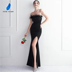 DEERVEADO Sexy Strapless Black Evening Dress with Feather Soft Satin Slit Party Maxi Dress Long Prom Dresses