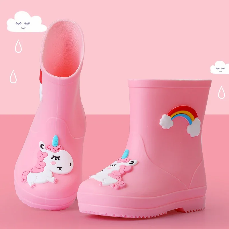 Kids Rain Boots For Girls Rubber Rainboot Boys PVC Warm Children Waterproof Shoes Modis Cartoon Unicorn Removable cotton cover