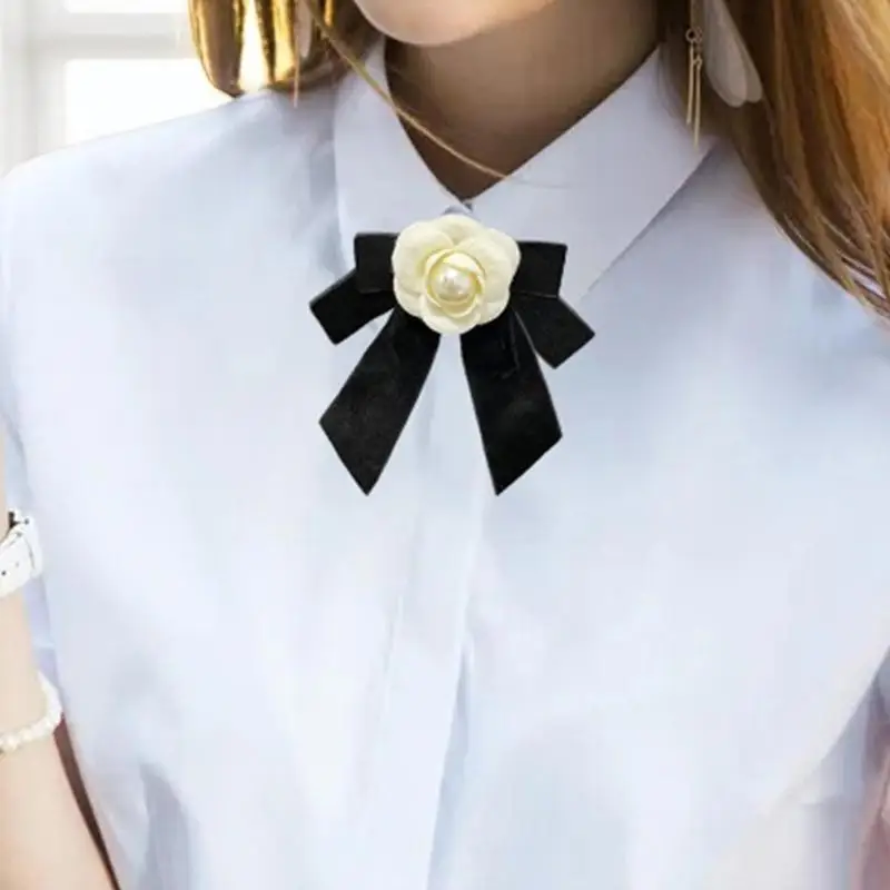 French Style Camellia Pearl Velvet Bow Brooch Elegant Neck Tie Mourning Corsage Pin Formal Wear Shirt Collar Accessories