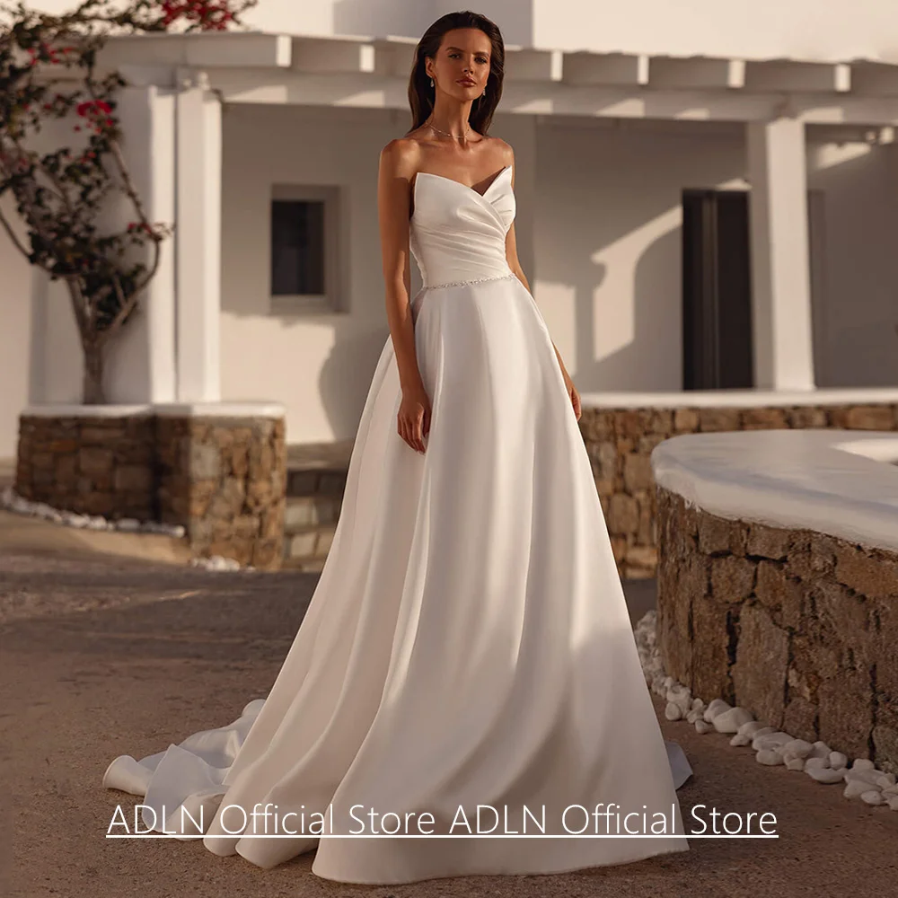 Mode Satin Brautkleid Robe De Mariage Maßgeschneiderte V-ausschnitt Ärmellose Falte Perlen Gürtel A-linie Frau Brautkleid