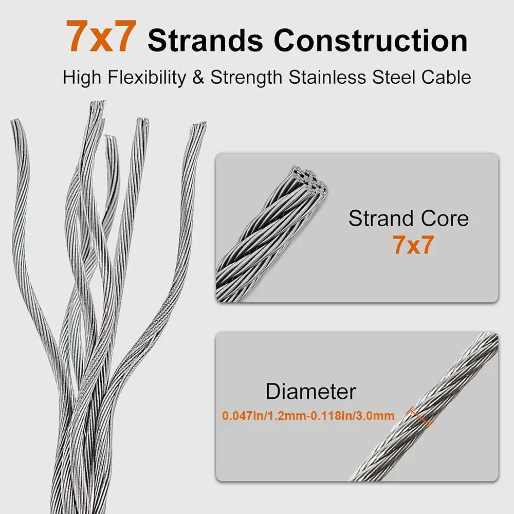 2 Rolls Wire Rope 304 Stainless Steel Cable Aircraft Cable 1.2/1.5/2.0mm Wire Rope With Buckle Clip 7x7 Stainless Steel Strand Core And Double Barrel Ferrule Perfect For Outdoor Hanging, Clothes Line Wires, Garden Fence