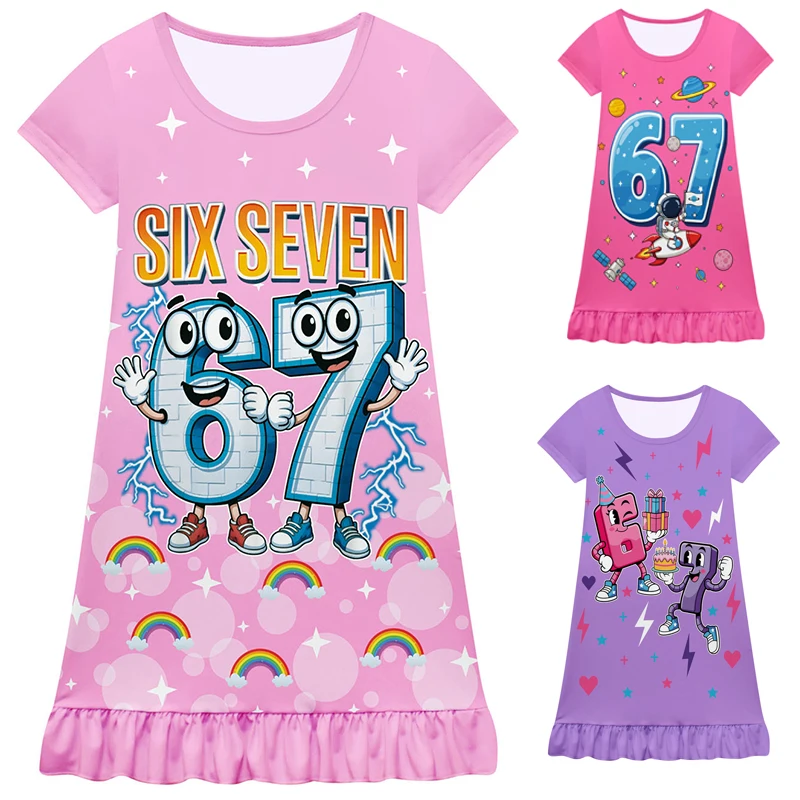 

Летнее платье, ночная рубашка для девочек, одежда Brainrot, пижамы 67, одежда Six Seven, пижамное платье с короткими рукавами, детская семейная одежда
