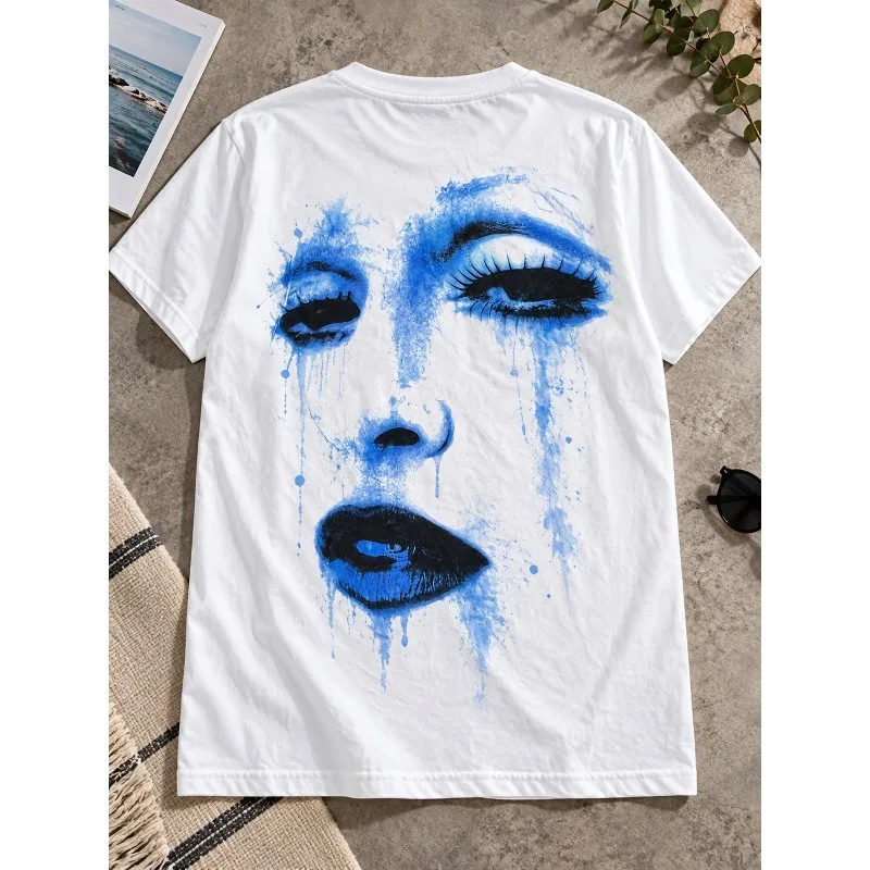 Madonna Face Blue Lip Signature Make Madonna Logo Printed T-shirt Retro Genjuku Style Unisex Cotton T-shirt
