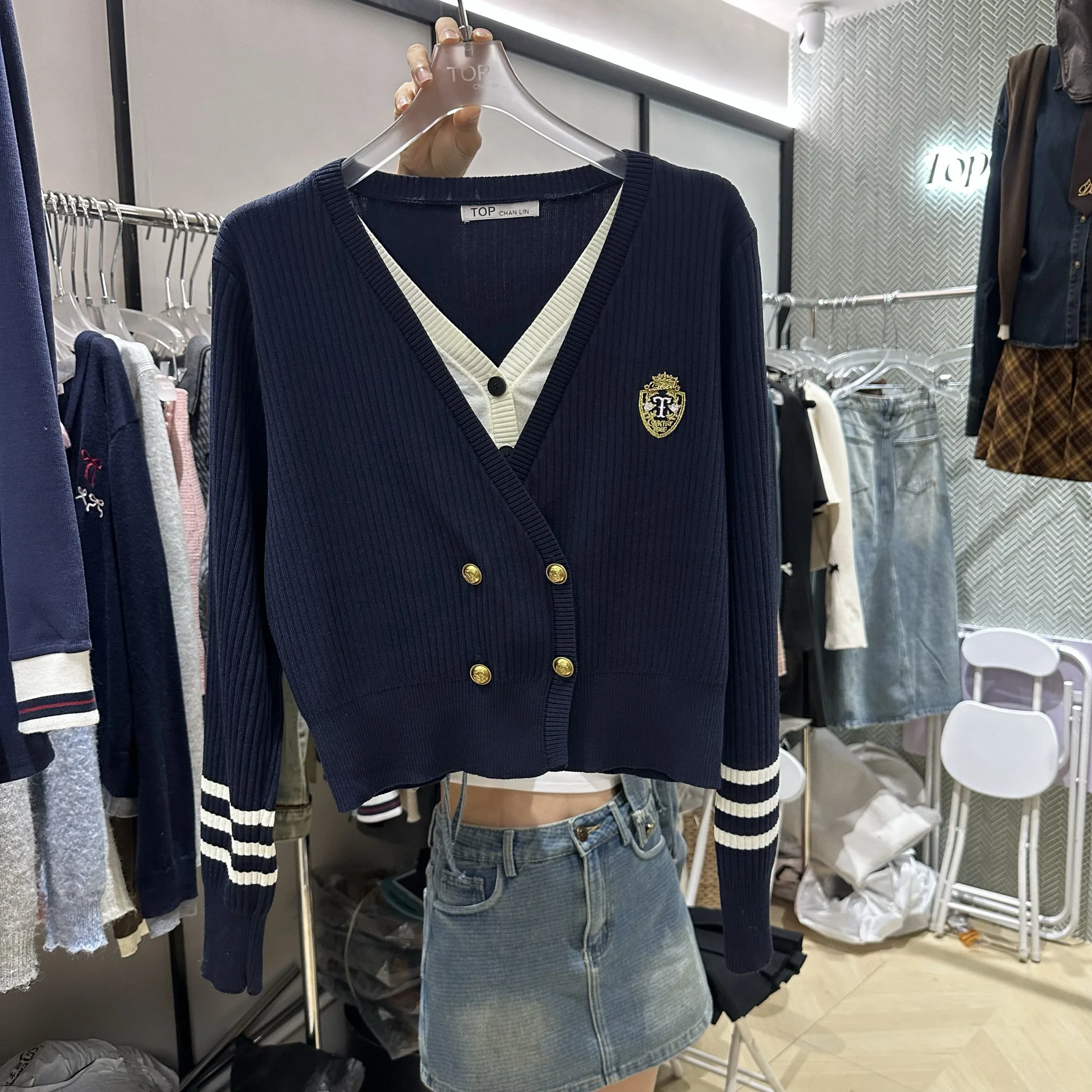 Cardigans Women Preppy Style Fake Two Pieces Embroidery Design Double Breasted Crop Fashion Age-reducing Knitwear Streetwear