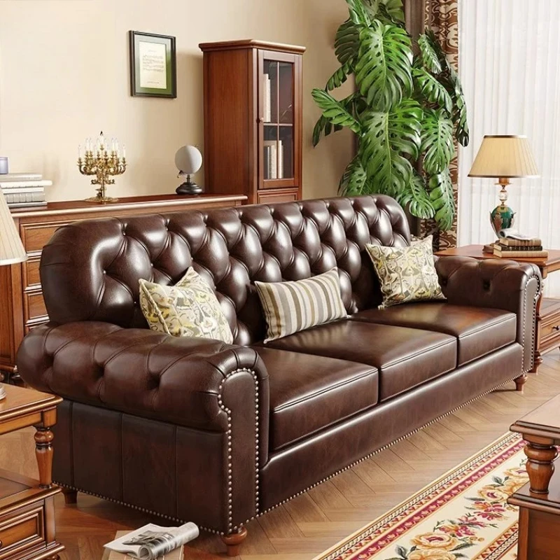 American Style Genuine Leather Sofa Retro Straight Row Oil Wax Head Layer Cowhide Three Person Combination Villa Italian Sofas
