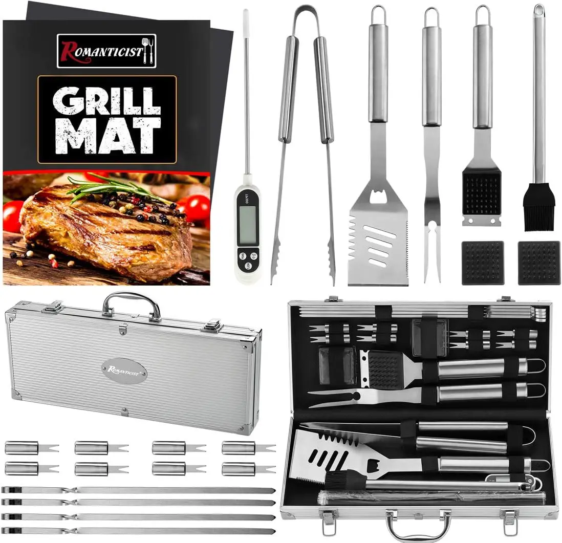 

23pcs Must-Have BBQ Grill Accessories Set with Thermometer in Case - Barbecue Tool Set with 2 Grill Mats for Backyard