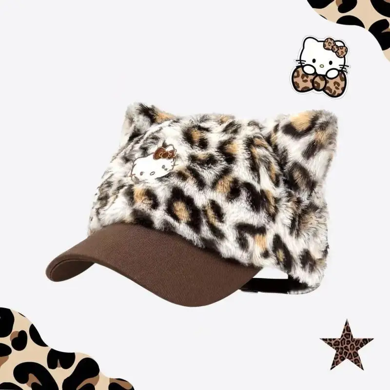

Hot Sanrio Hello Kitty Baseball Cap Girl Autumn Winter Keep Warm Leopard Print Child Kawaii Anime Cartoon Fashion New Casual Hat
