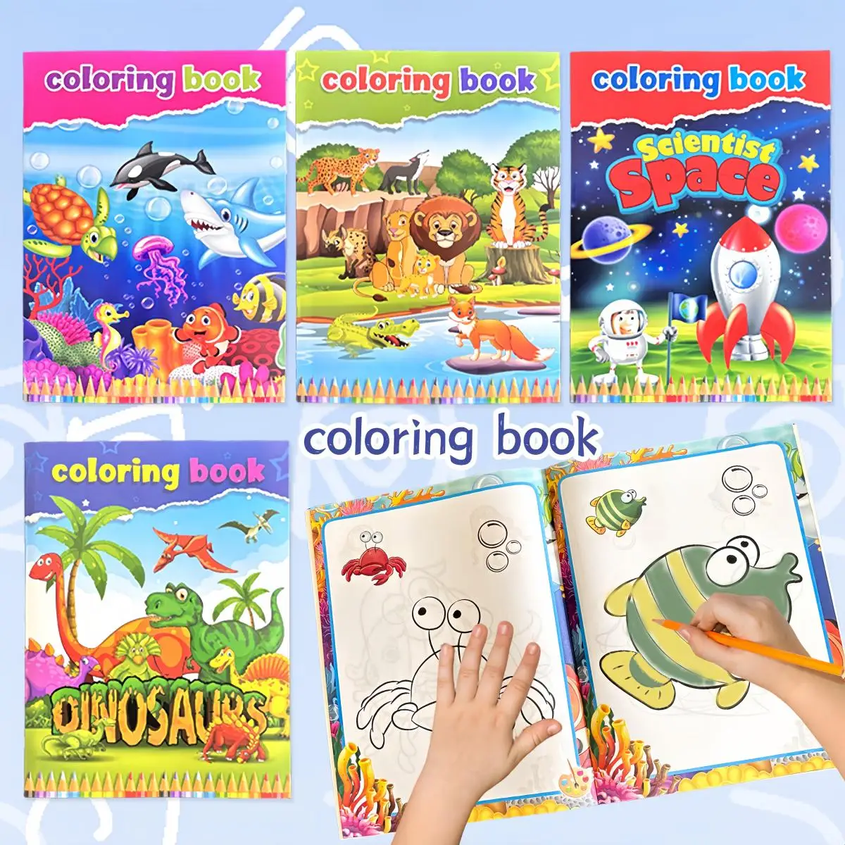 Kids Coloring Book 4 Themes Dinosaurs Animals Space, Children Cartoon Drawing Workbook Preschool Early Education