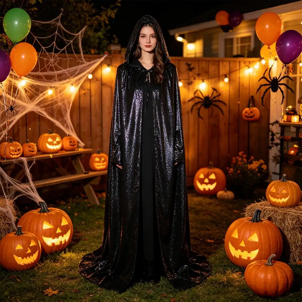 Shiny Hooded Cape Iridescent Full Length Cloak Sparkly Unisex Hooded Cloak for Halloween Masquerade Party Mardi Gras Costume