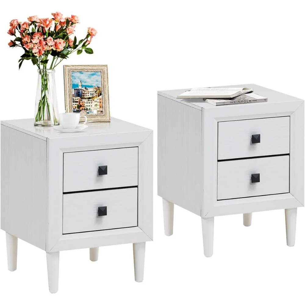 

Изысканный набор из 2 белых тумбочек, предварительно собранные прикроватные тумбочки с 2 ящиками и ножками из цельного дерева для спальни, современная прикроватная тумбочка