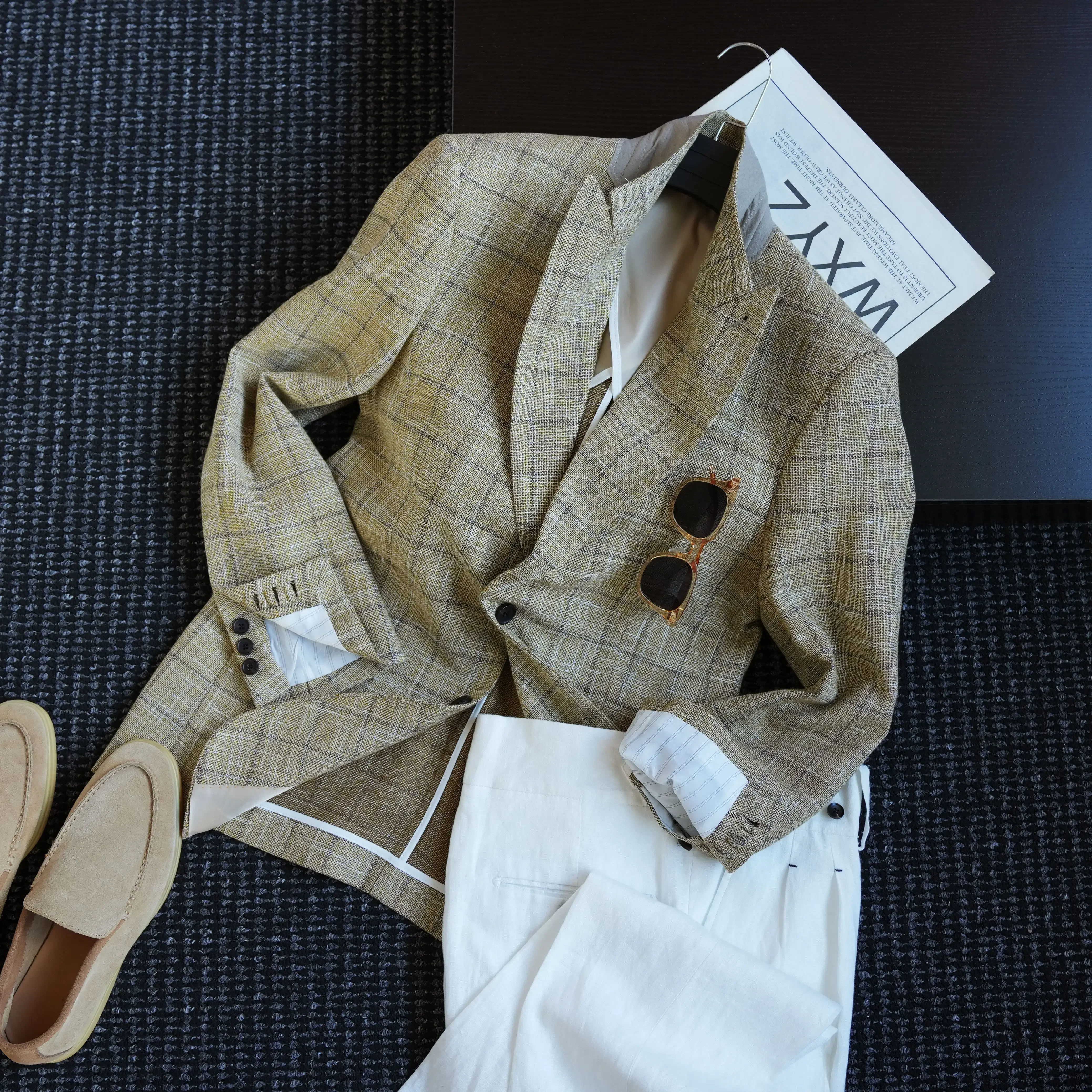 Early autumn classic old money retro barred collar single-breasted unstructured suit men's fashion hidden suit