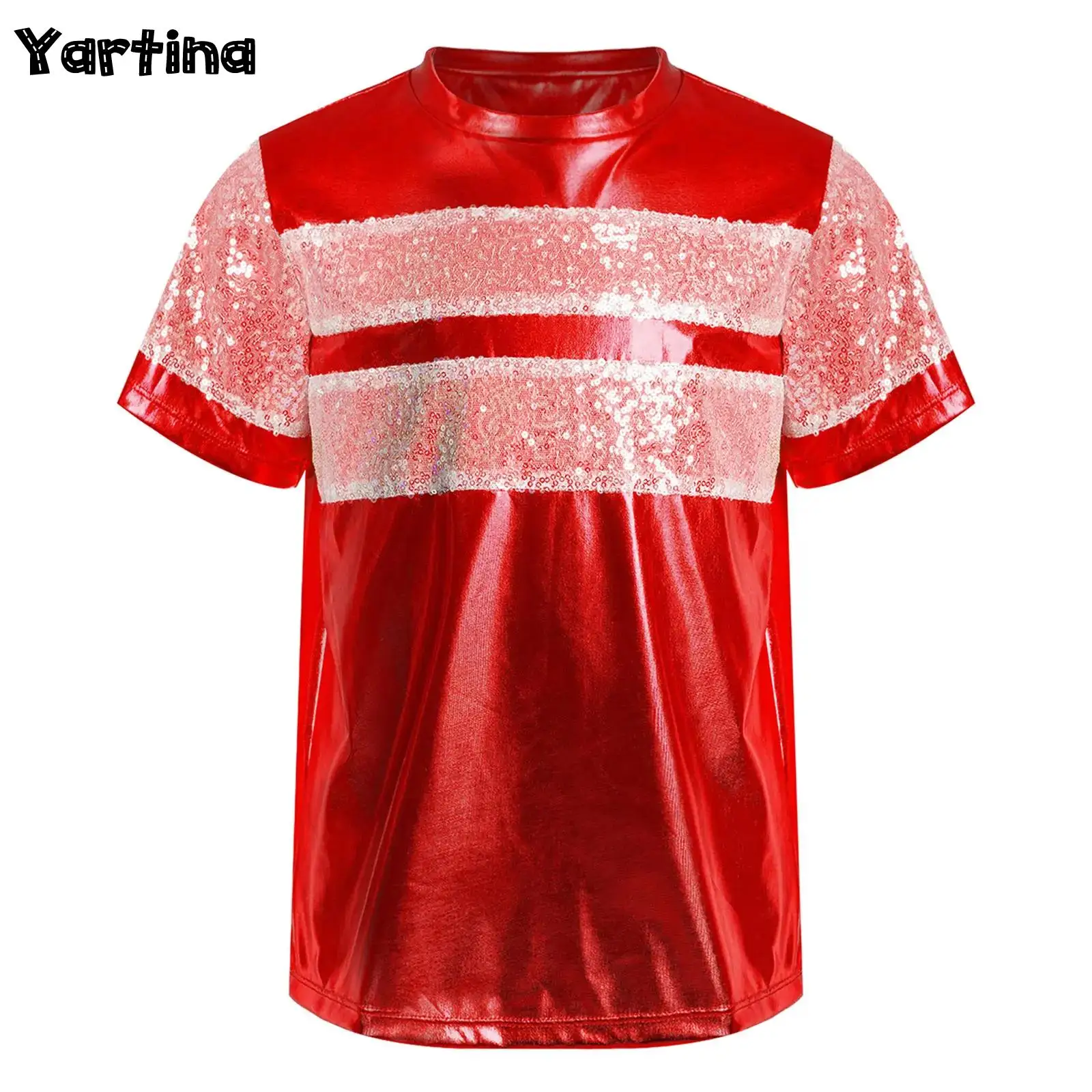 

Kids Girls Boys Metallic T-Shirt Tops Hip Hop Jazz Dance Stage Performance Short Sleeve Shiny Sequins Patchwork Tops