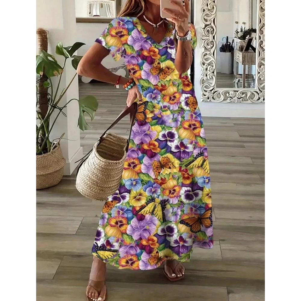 

Crushed Flower Print Short Sleeves Long Dress Fashion Slit Loose Oversize Clothing Summer V-Neck Elegant Womens Dresses 2024 New