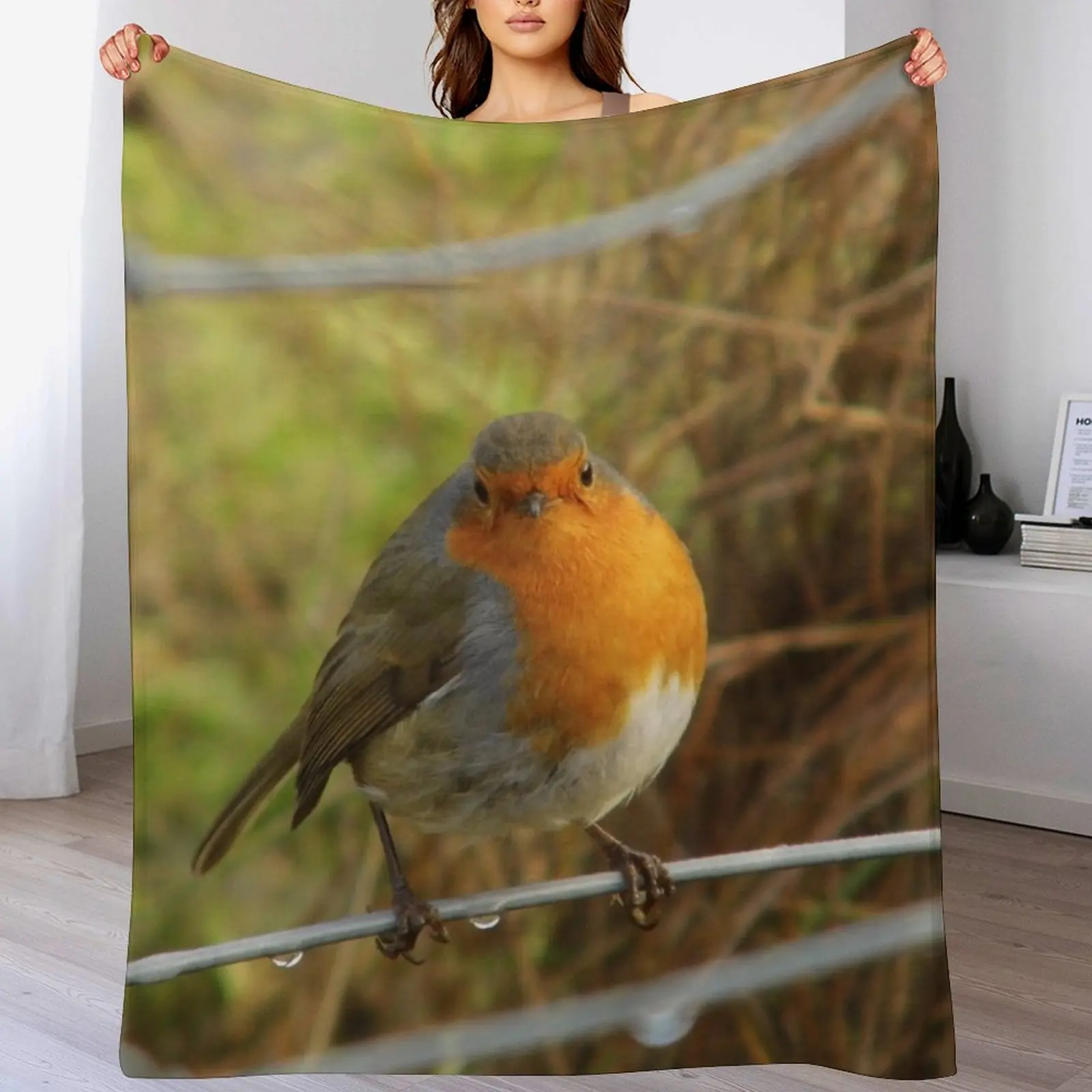 Cute Robin Bird On a Fence Photograph Throw Blanket Personalized Gift Summer Beddings Blankets