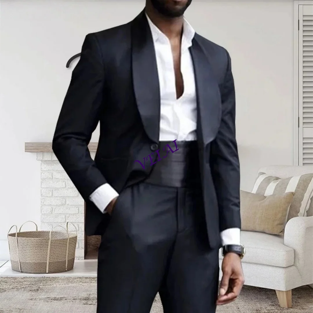 

CustomizedMen's 2-Piece Suit With Waistband Flat Collar Fit Formal Dress Regular Fit Prom Wedding Dress with Pants