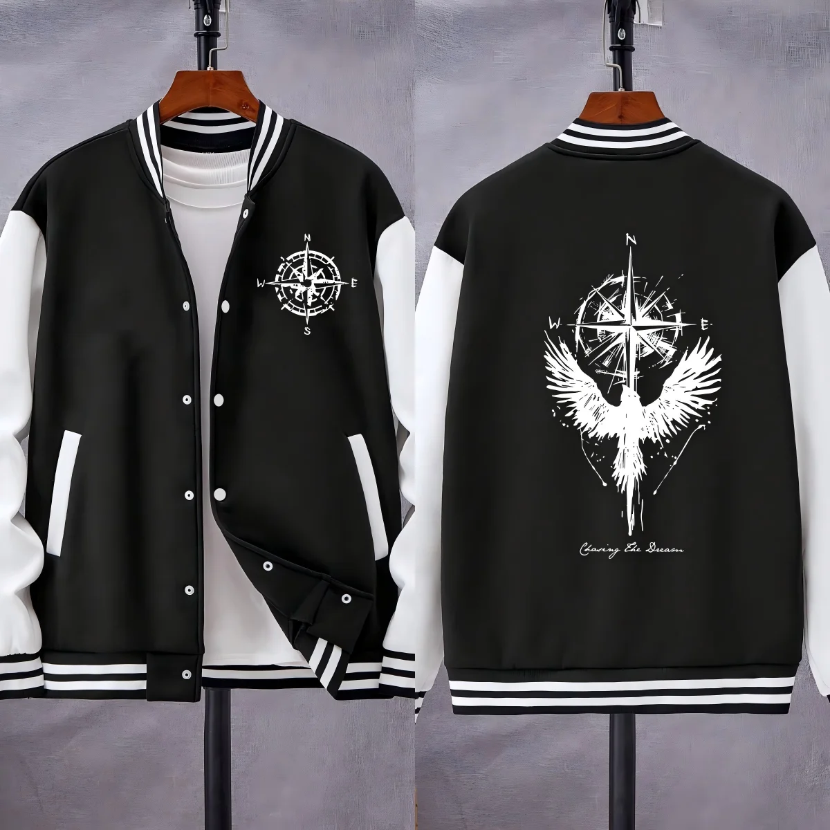 

Chasing The Dream Creative Star Bird Pattern Baseball Uniform Men Oversize Casual Streetwear Autumn Fleece Jackets Soft Top