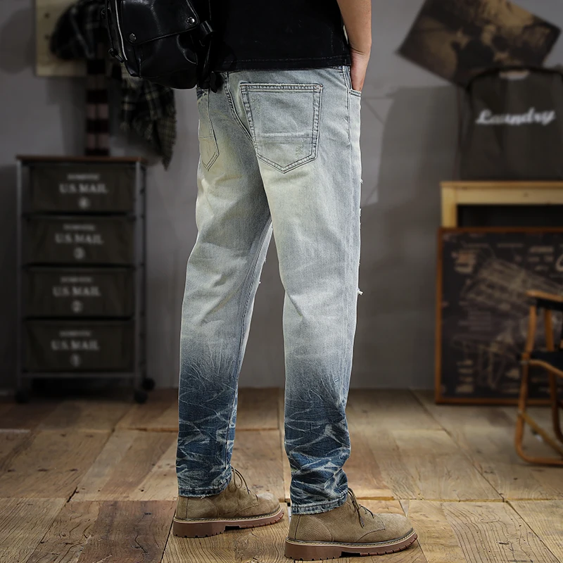 2024 New Men's American-Style Vintage Washed Distressed Jeans Men's Ripped Stretch Slim Straight Handsome Skinny Pants